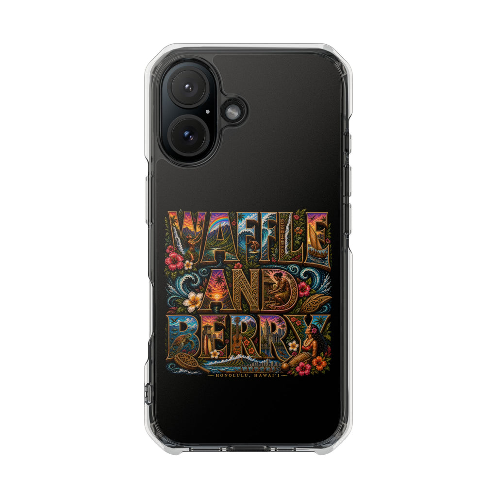 Clear Magnetic Phone Case — Bright Rainbow Swirl Design (Waffle and Berry text)