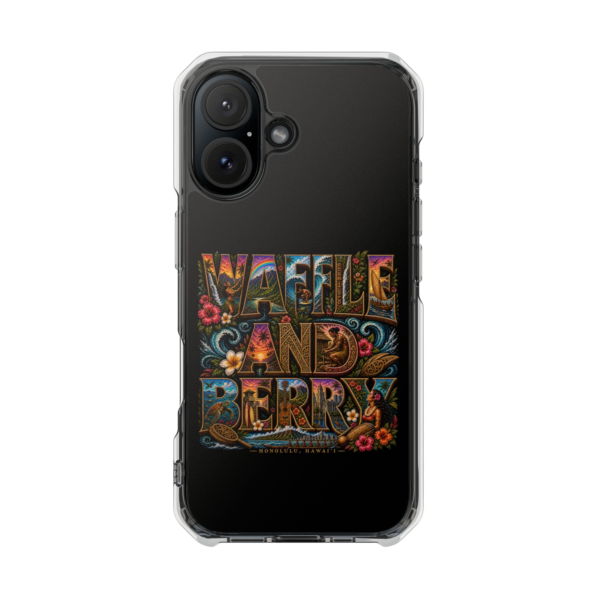 Clear Magnetic Phone Case — Bright Rainbow Swirl Design (Waffle and Berry text)