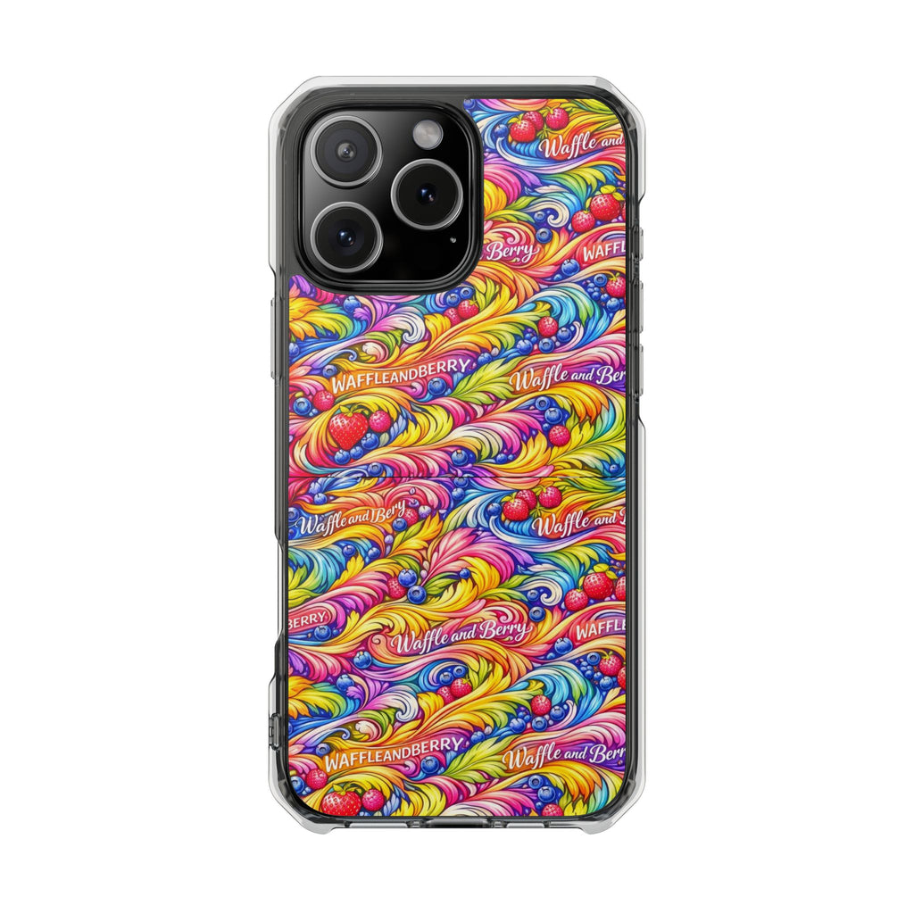 Clear Magnetic Phone Case — Bright Rainbow Swirl Design (Waffle and Berry text)