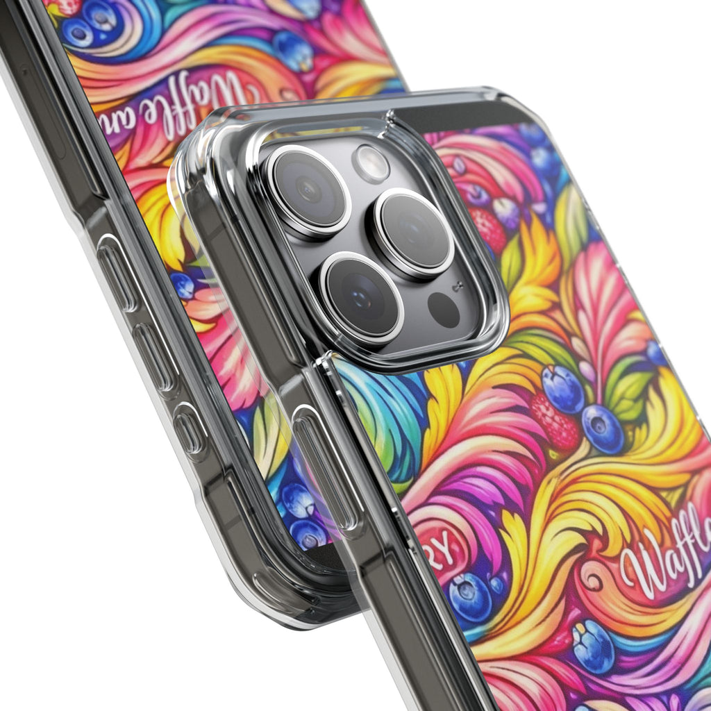 Splash Berry Clear Magnetic Phone Case — Bright Rainbow Swirl Design (Waffle and Berry text)