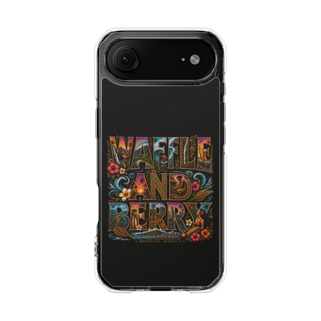 Clear Magnetic Phone Case — Bright Rainbow Swirl Design (Waffle and Berry text)