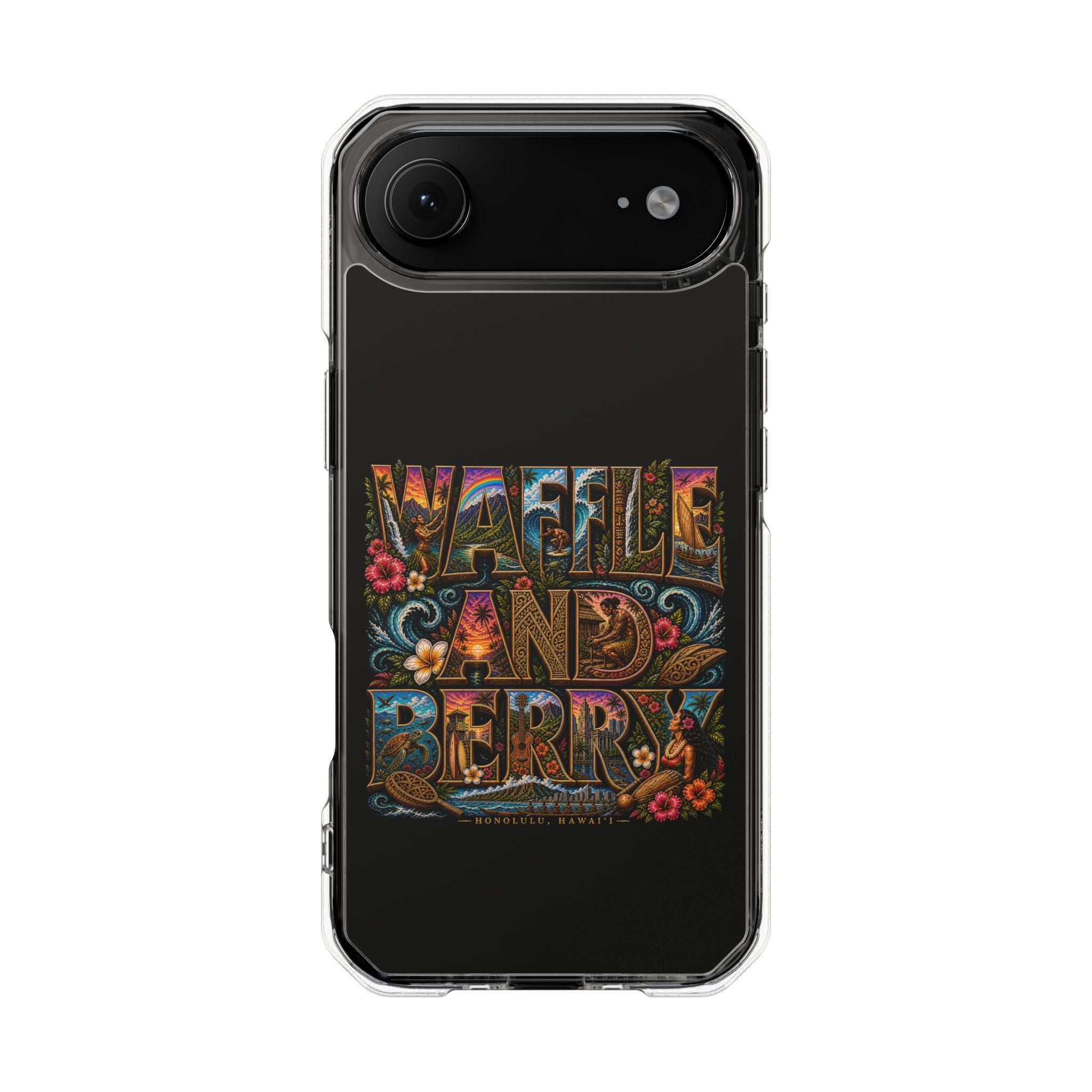 Clear Magnetic Phone Case — Bright Rainbow Swirl Design (Waffle and Berry text)