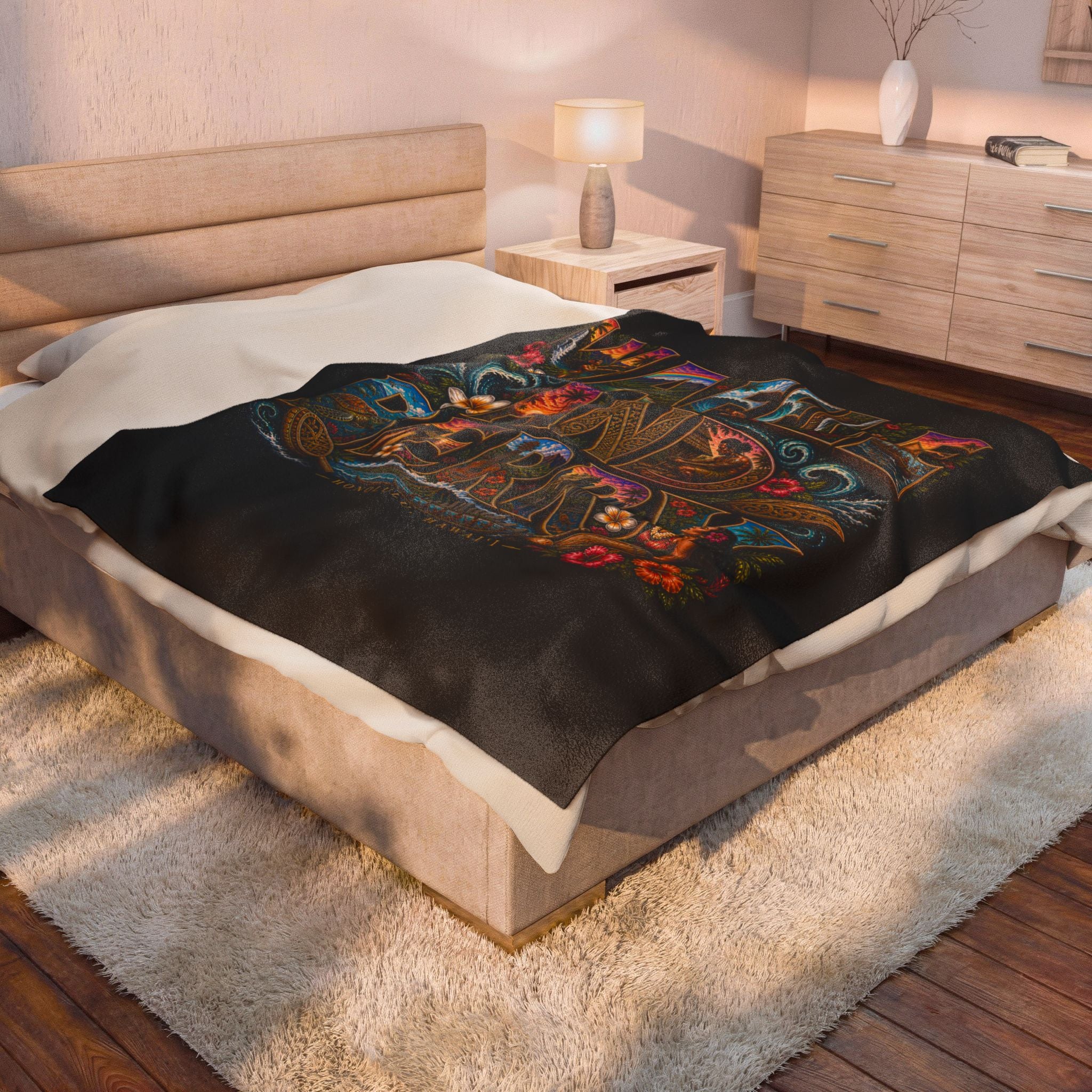 Velveteen Plush Blanket - 'Waffle and Berry' Tropical Floral Cozy Throw