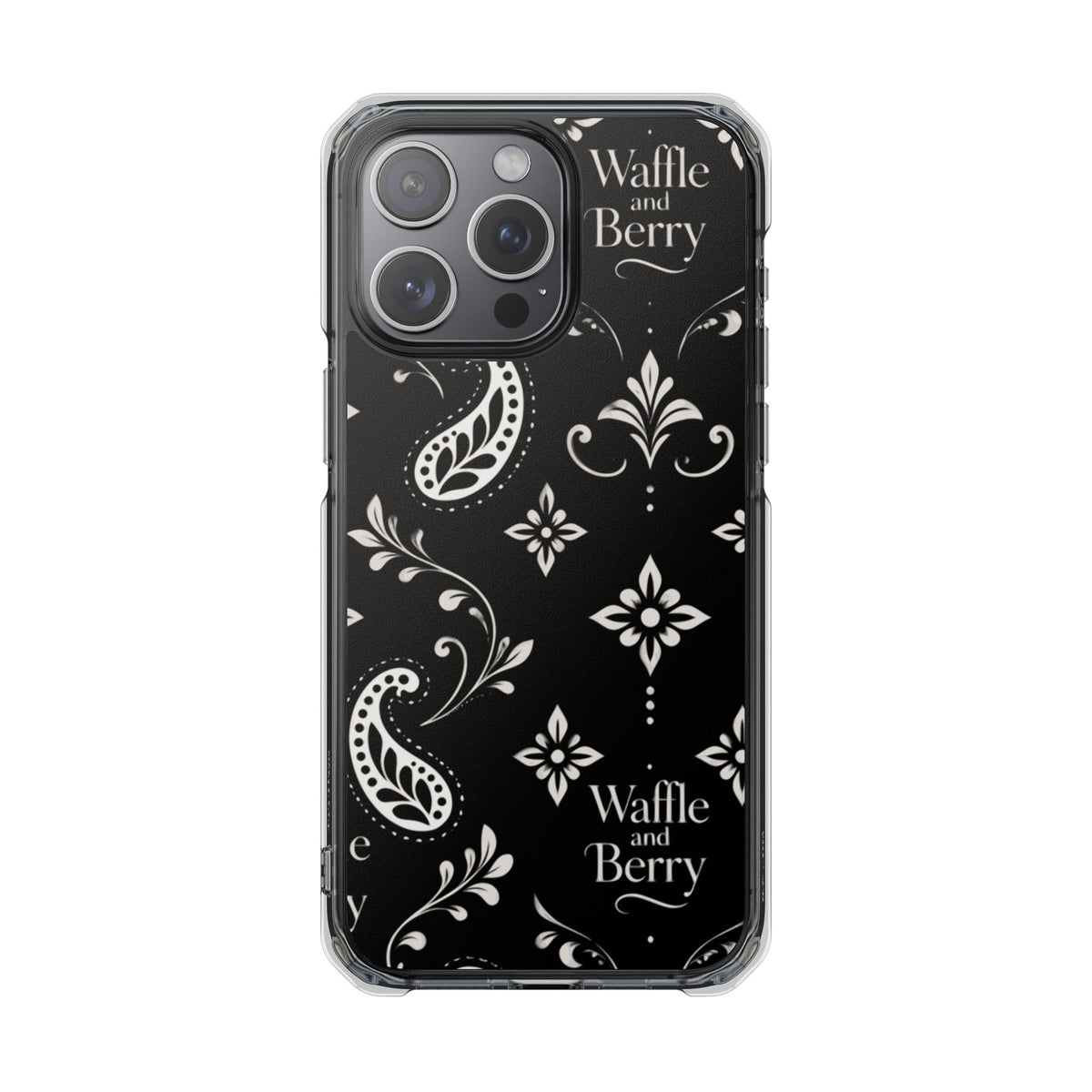 Paisley Clear Magnetic Phone Case — Bright Rainbow Swirl Design (Waffle and Berry text)