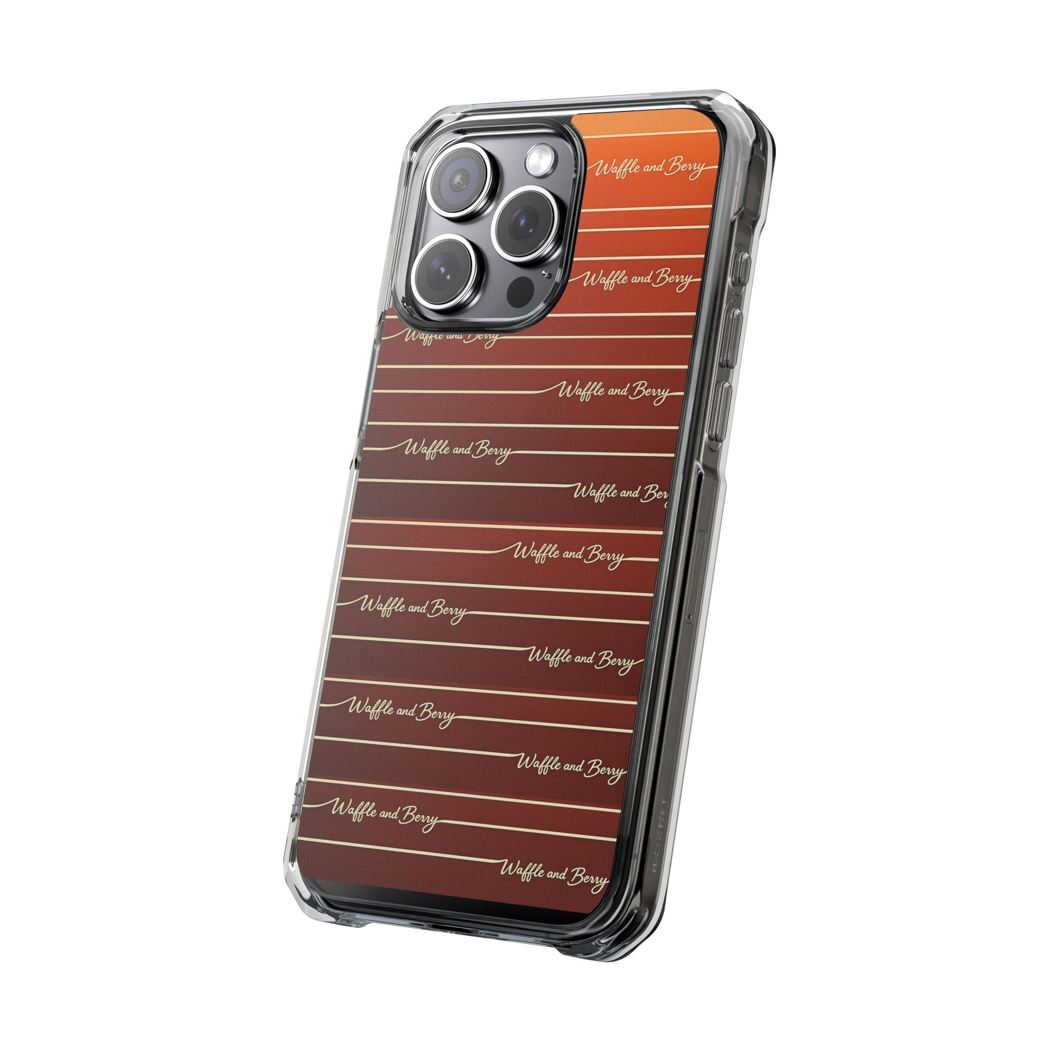 Clear Magnetic Phone Case — Striped Brown Gradient with "Waffles and Brgrs" Script