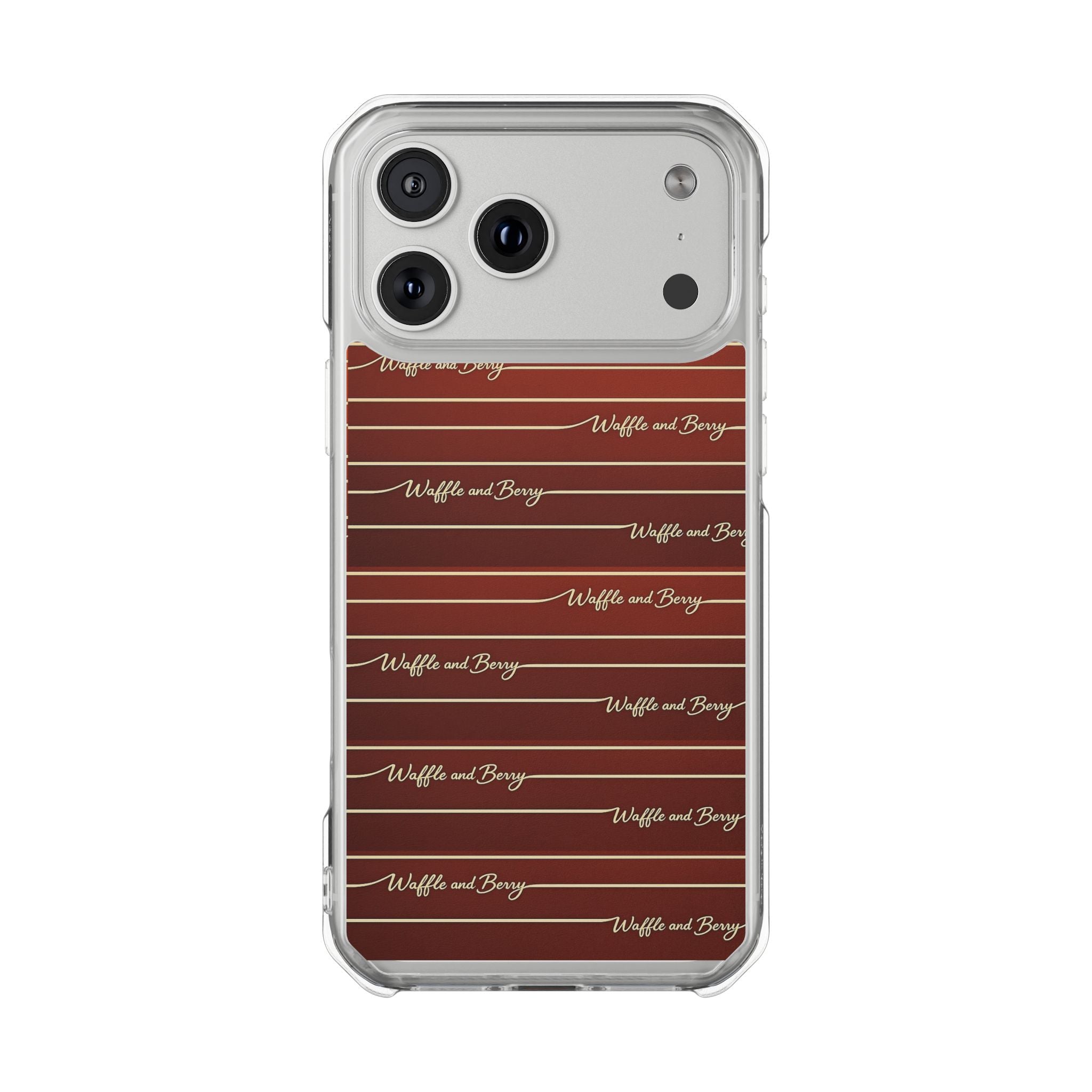 Clear Magnetic Phone Case — Striped Brown Gradient with "Waffles and Brgrs" Script