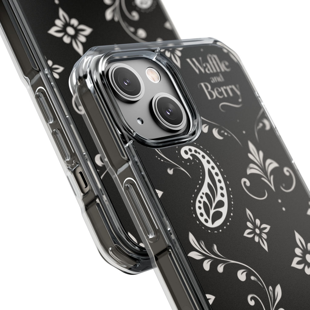 Paisley Clear Magnetic Phone Case — Bright Rainbow Swirl Design (Waffle and Berry text)