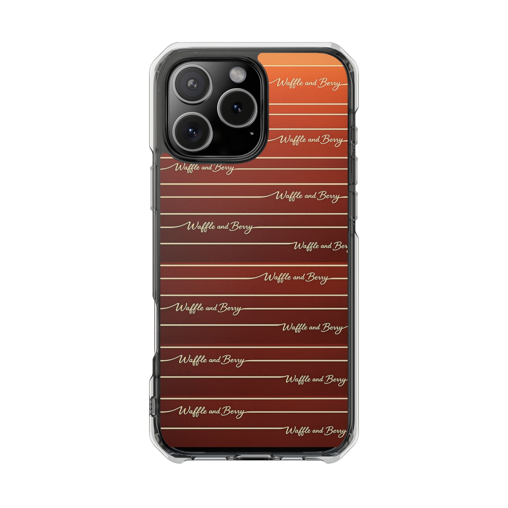 Clear Magnetic Phone Case — Striped Brown Gradient with "Waffles and Brgrs" Script