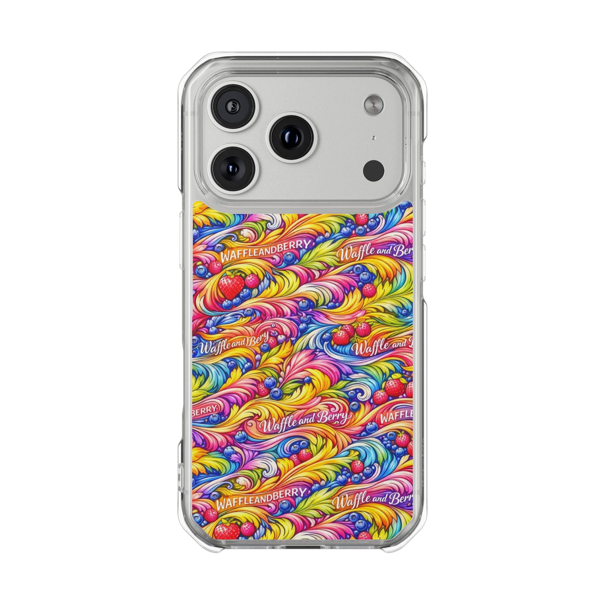 Clear Magnetic Phone Case — Bright Rainbow Swirl Design (Waffle and Berry text)