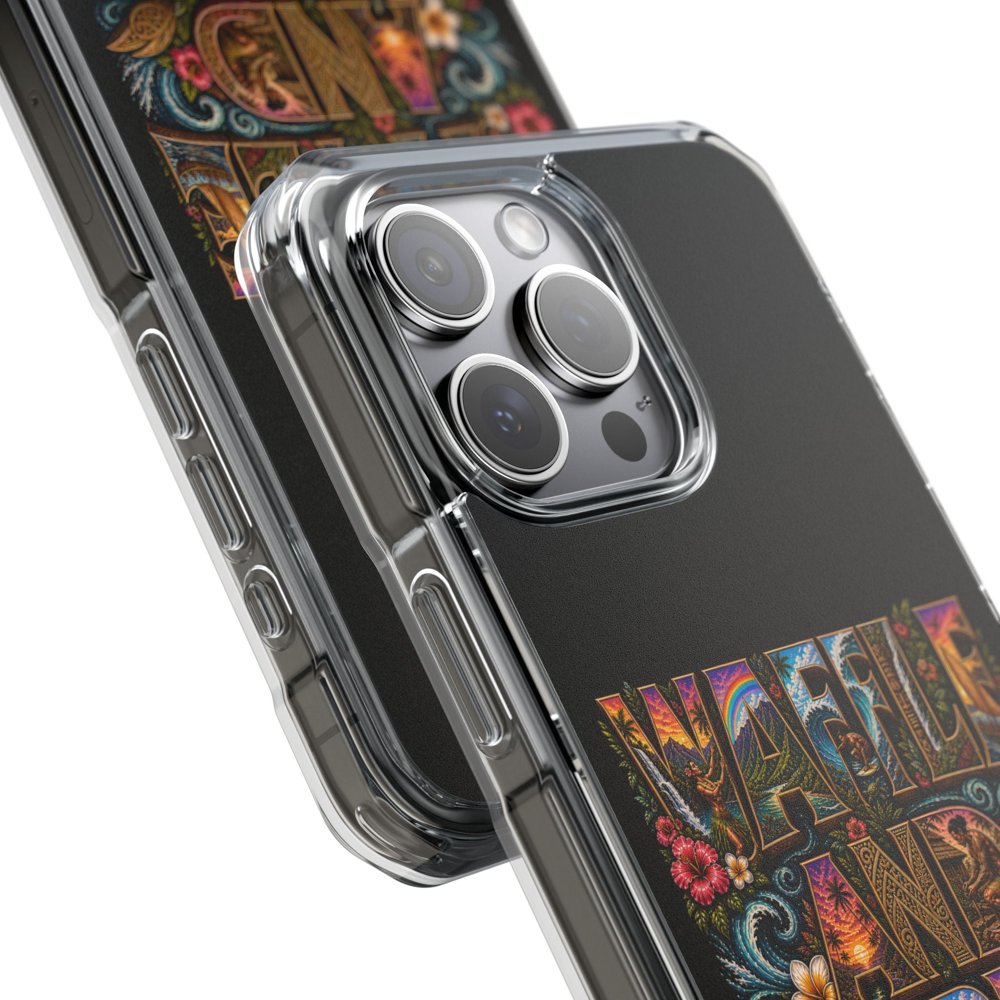 Clear Magnetic Phone Case — Bright Rainbow Swirl Design (Waffle and Berry text)