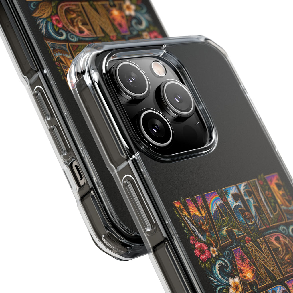 Clear Magnetic Phone Case — Bright Rainbow Swirl Design (Waffle and Berry text)
