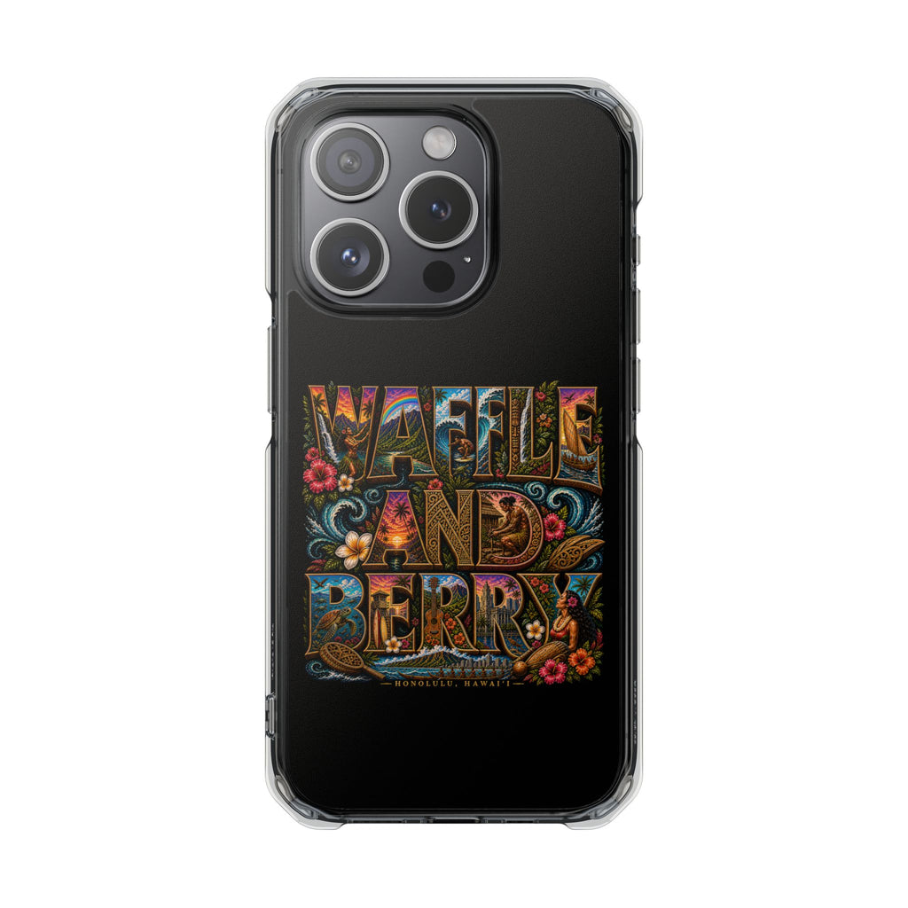 Clear Magnetic Phone Case — Bright Rainbow Swirl Design (Waffle and Berry text)