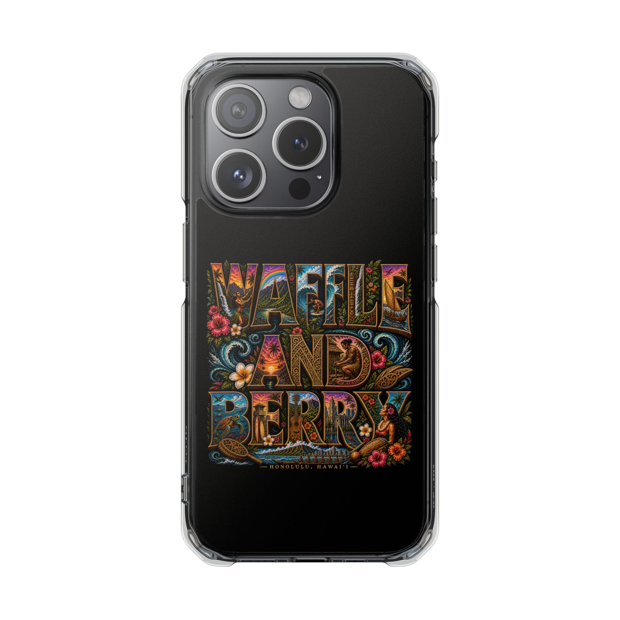 Clear Magnetic Phone Case — Bright Rainbow Swirl Design (Waffle and Berry text)