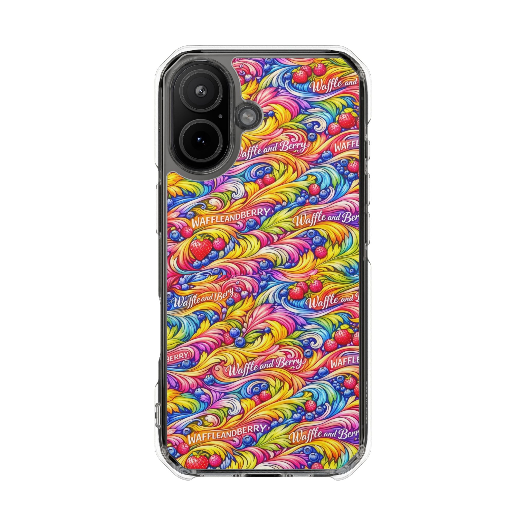 Clear Magnetic Phone Case — Bright Rainbow Swirl Design (Waffle and Berry text)
