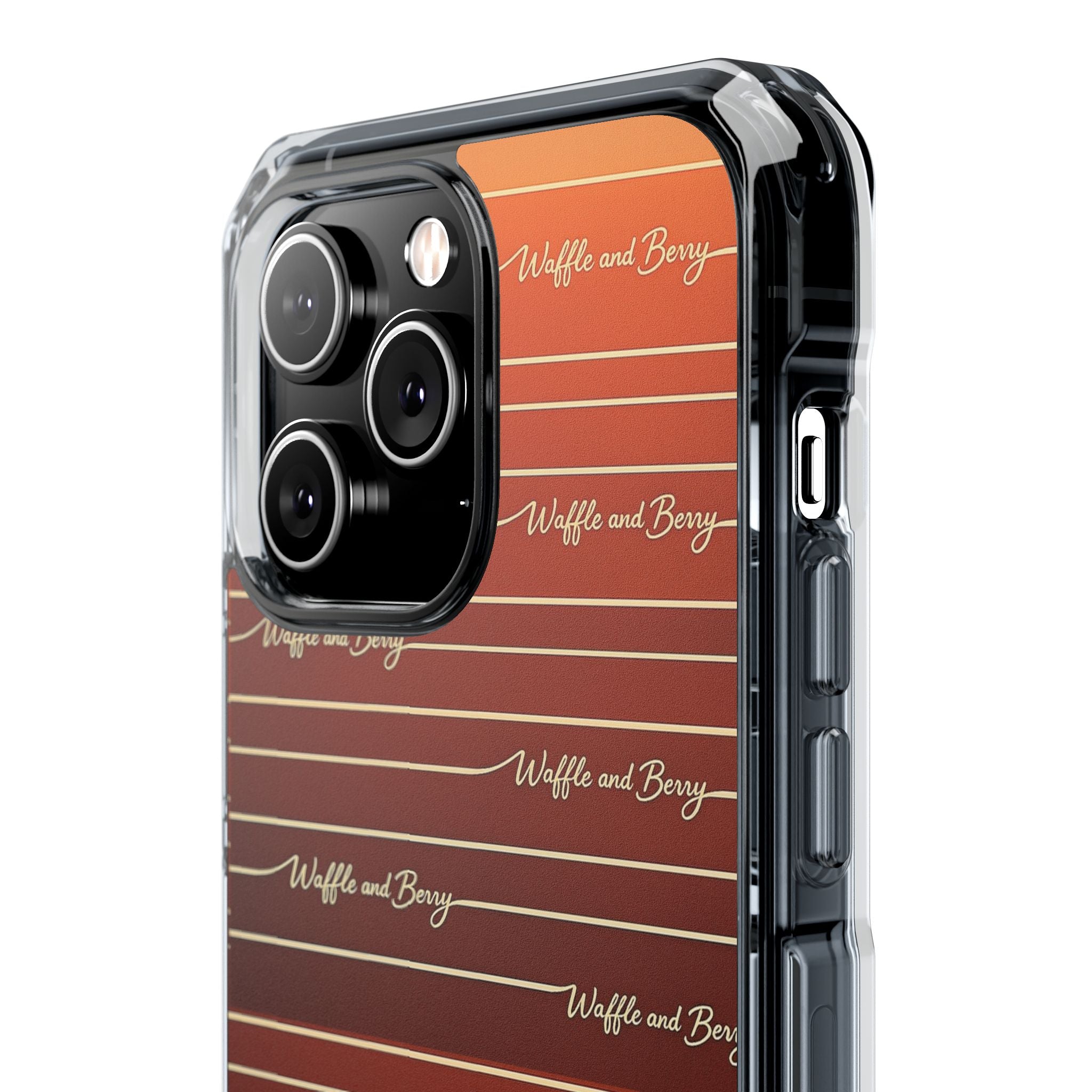 Clear Magnetic Phone Case — Striped Brown Gradient with "Waffles and Brgrs" Script