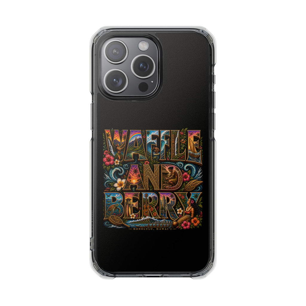 Clear Magnetic Phone Case — Bright Rainbow Swirl Design (Waffle and Berry text)