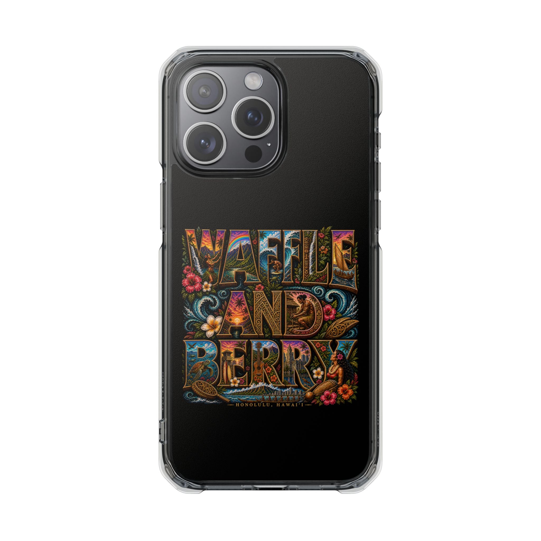 Clear Magnetic Phone Case — Bright Rainbow Swirl Design (Waffle and Berry text)