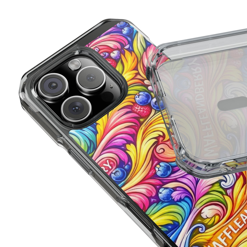 Splash Berry Clear Magnetic Phone Case — Bright Rainbow Swirl Design (Waffle and Berry text)