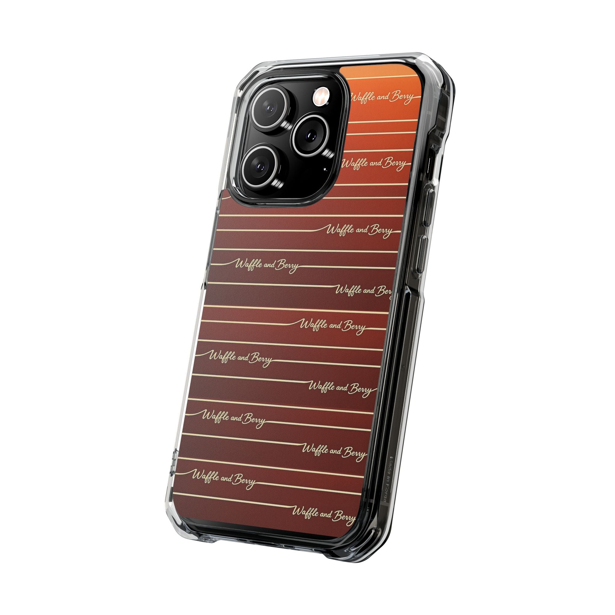 Clear Magnetic Phone Case — Striped Brown Gradient with "Waffles and Brgrs" Script