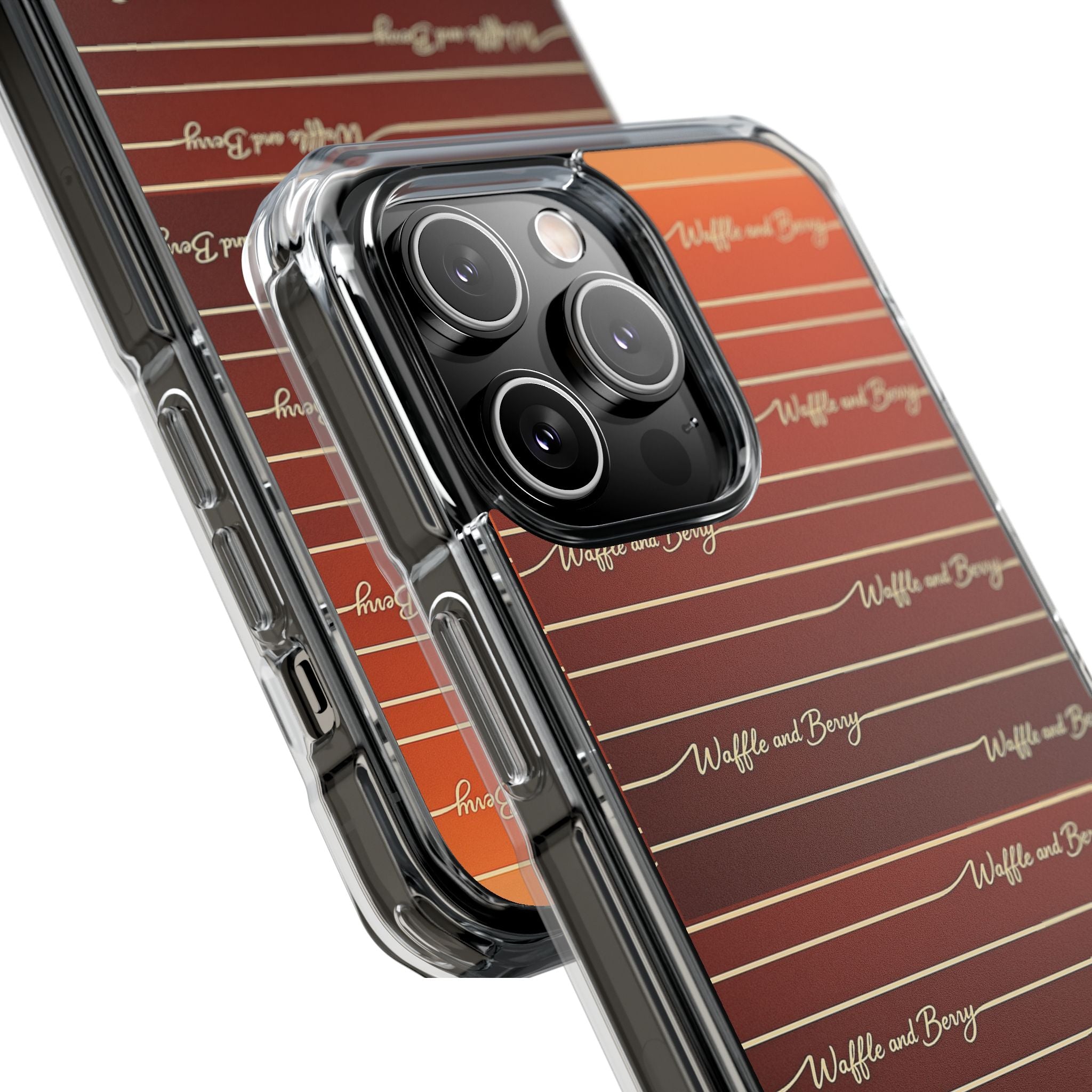 Clear Magnetic Phone Case — Striped Brown Gradient with "Waffles and Brgrs" Script