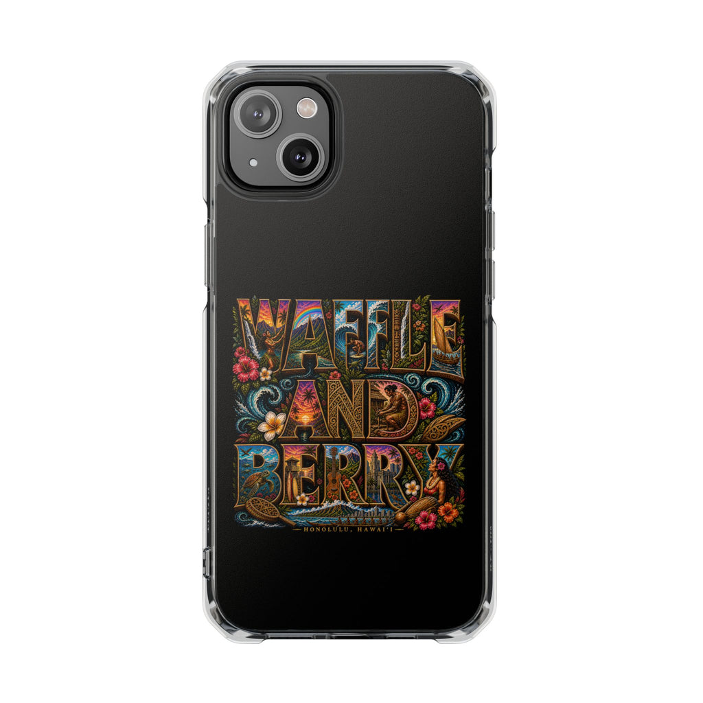Clear Magnetic Phone Case — Bright Rainbow Swirl Design (Waffle and Berry text)