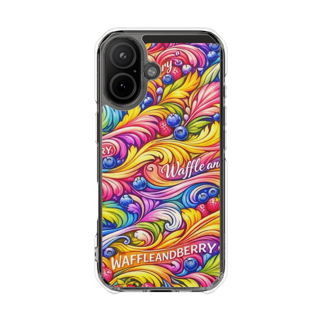 Splash Berry Clear Magnetic Phone Case — Bright Rainbow Swirl Design (Waffle and Berry text)
