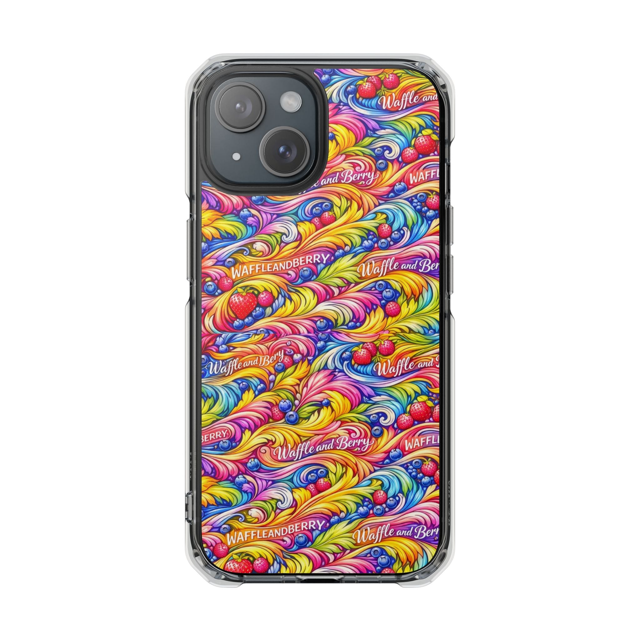 Clear Magnetic Phone Case — Bright Rainbow Swirl Design (Waffle and Berry text)