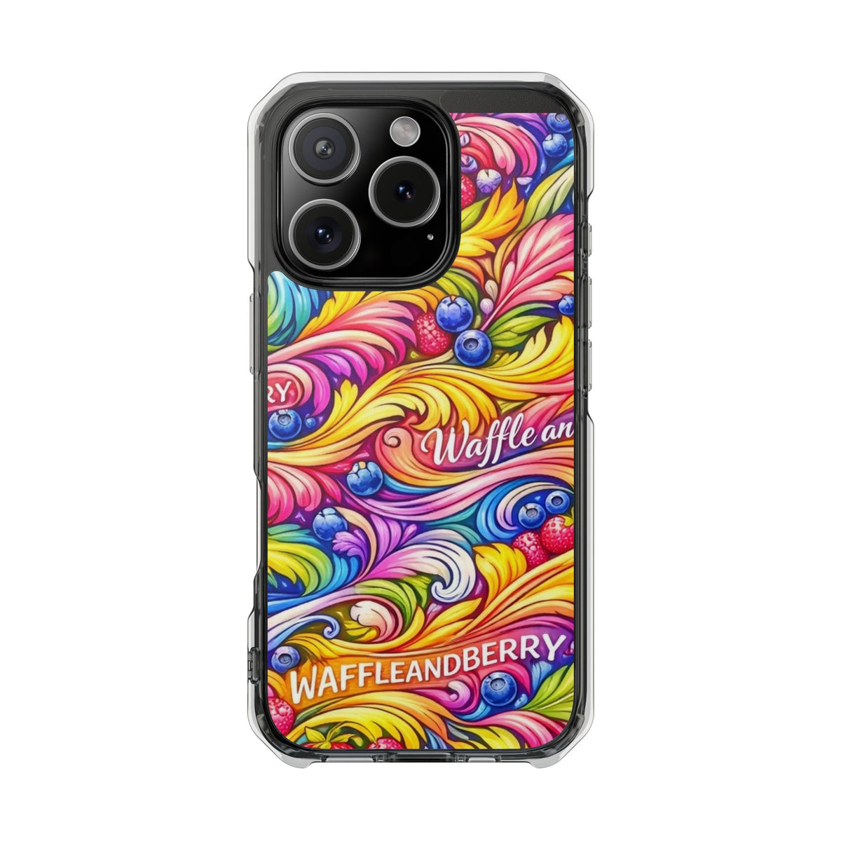 Splash Berry Clear Magnetic Phone Case — Bright Rainbow Swirl Design (Waffle and Berry text)