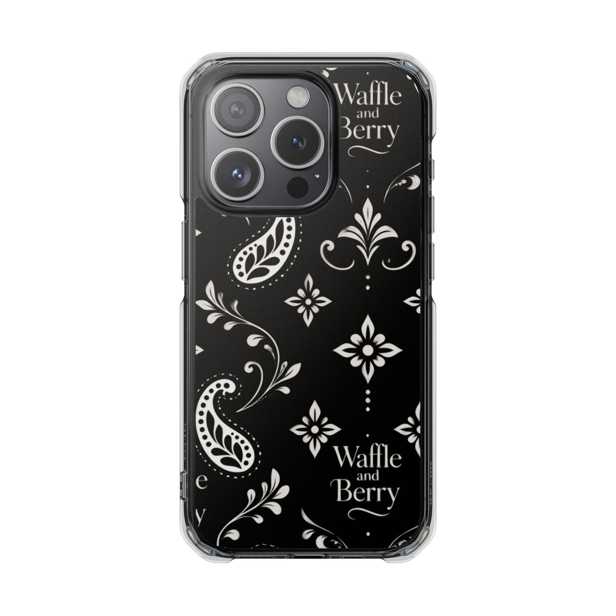 Paisley Clear Magnetic Phone Case — Bright Rainbow Swirl Design (Waffle and Berry text)