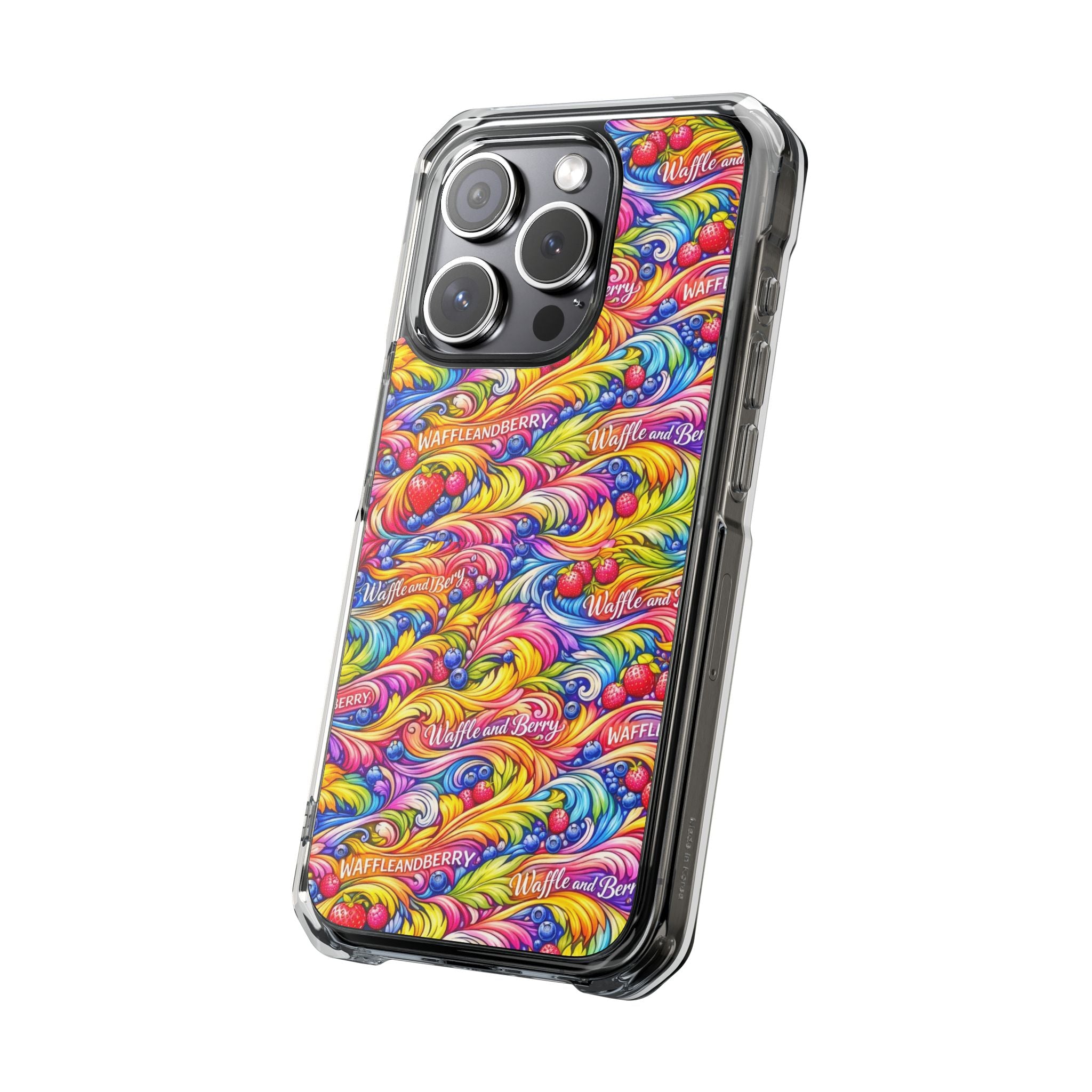 Clear Magnetic Phone Case — Bright Rainbow Swirl Design (Waffle and Berry text)