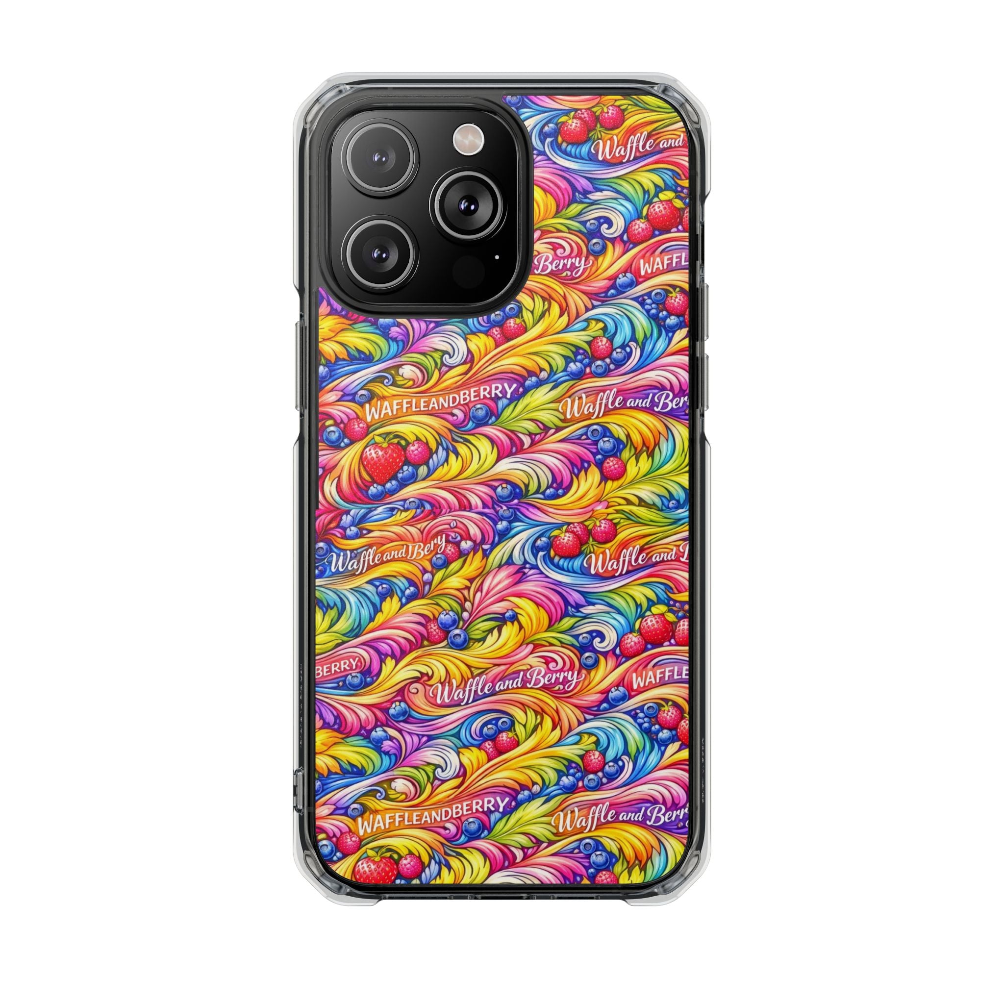 Clear Magnetic Phone Case — Bright Rainbow Swirl Design (Waffle and Berry text)