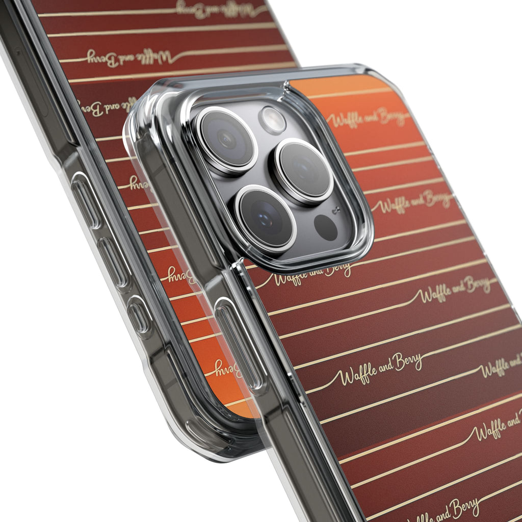 Clear Magnetic Phone Case — Striped Brown Gradient with "Waffles and Brgrs" Script