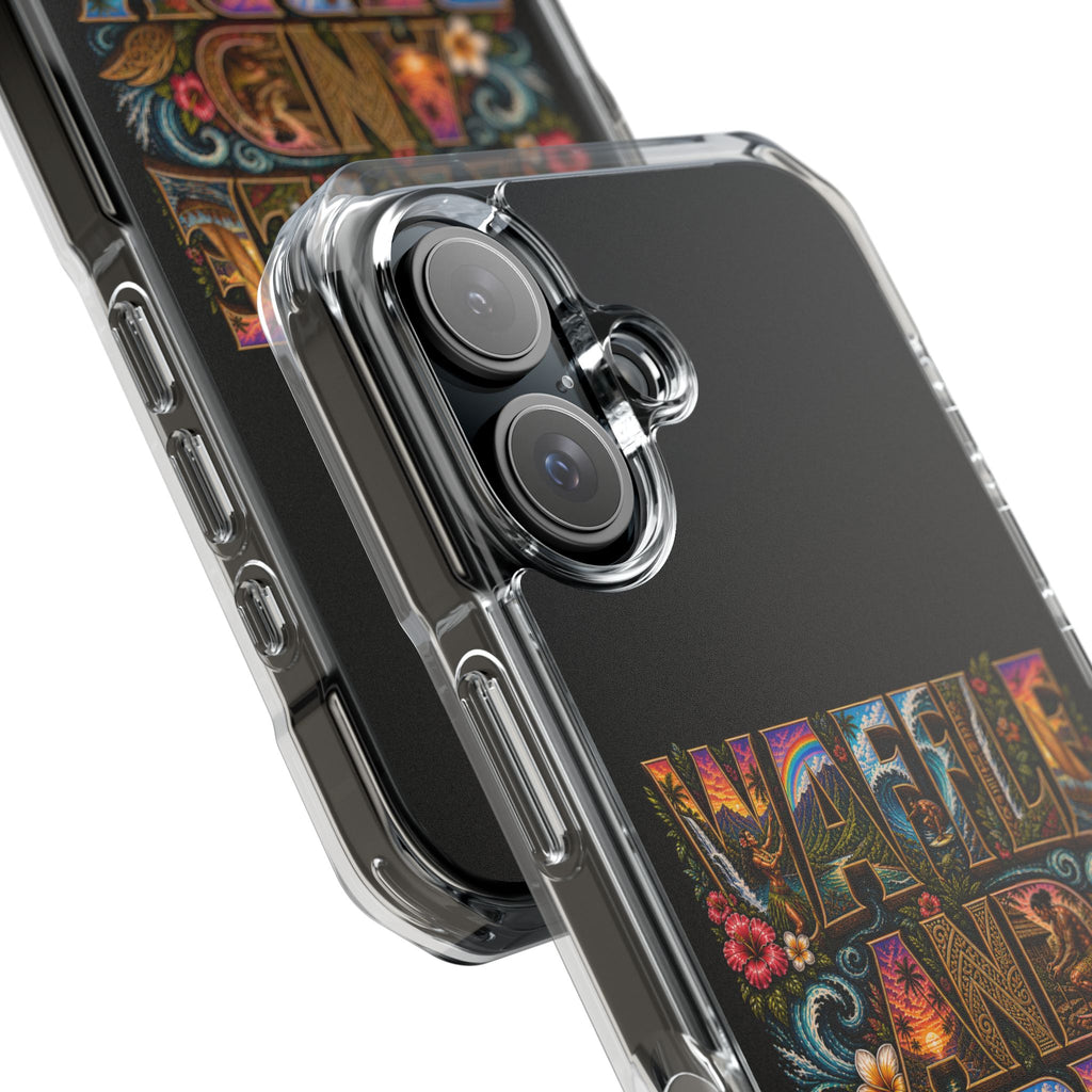 Clear Magnetic Phone Case — Bright Rainbow Swirl Design (Waffle and Berry text)