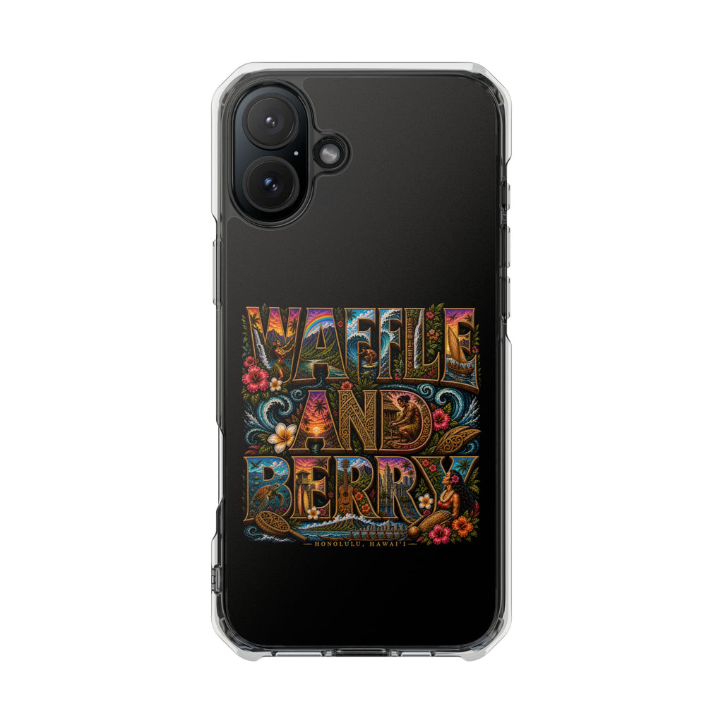 Clear Magnetic Phone Case — Bright Rainbow Swirl Design (Waffle and Berry text)