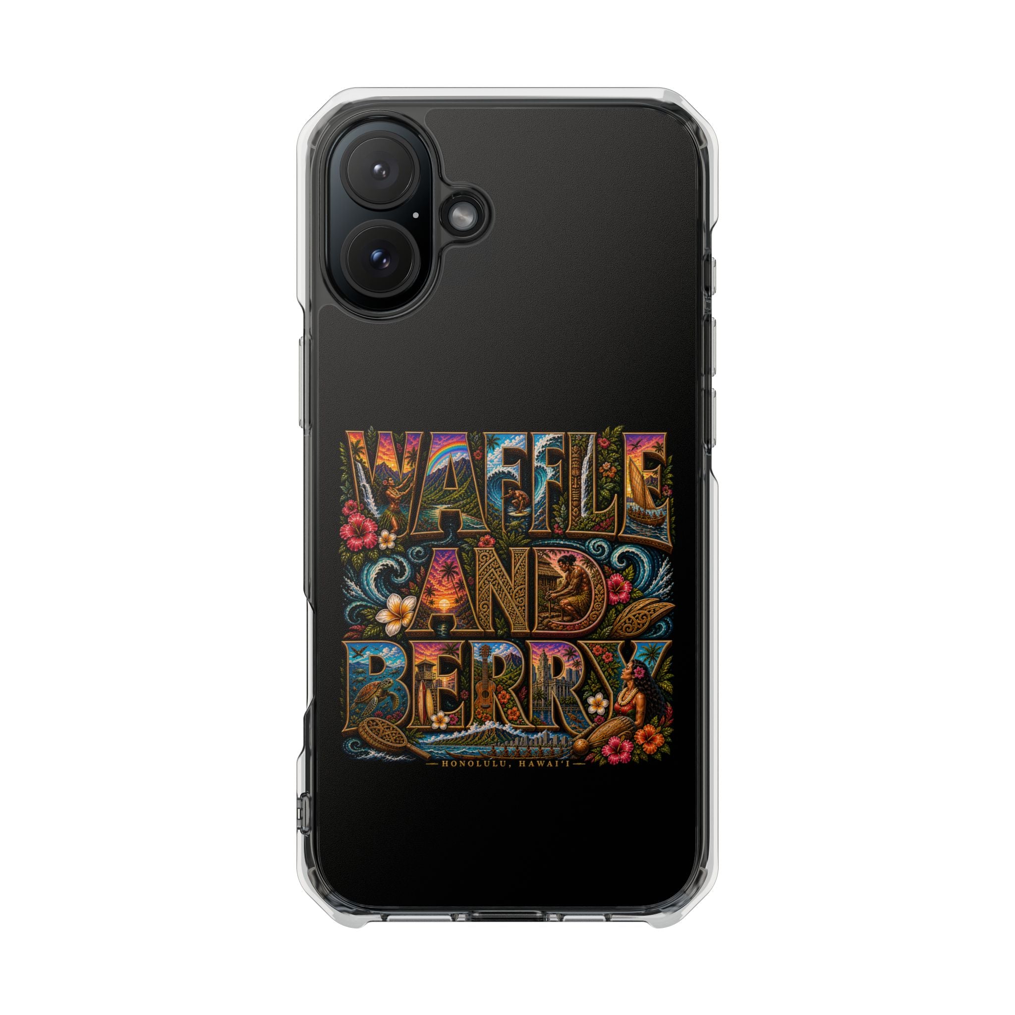 Clear Magnetic Phone Case — Bright Rainbow Swirl Design (Waffle and Berry text)