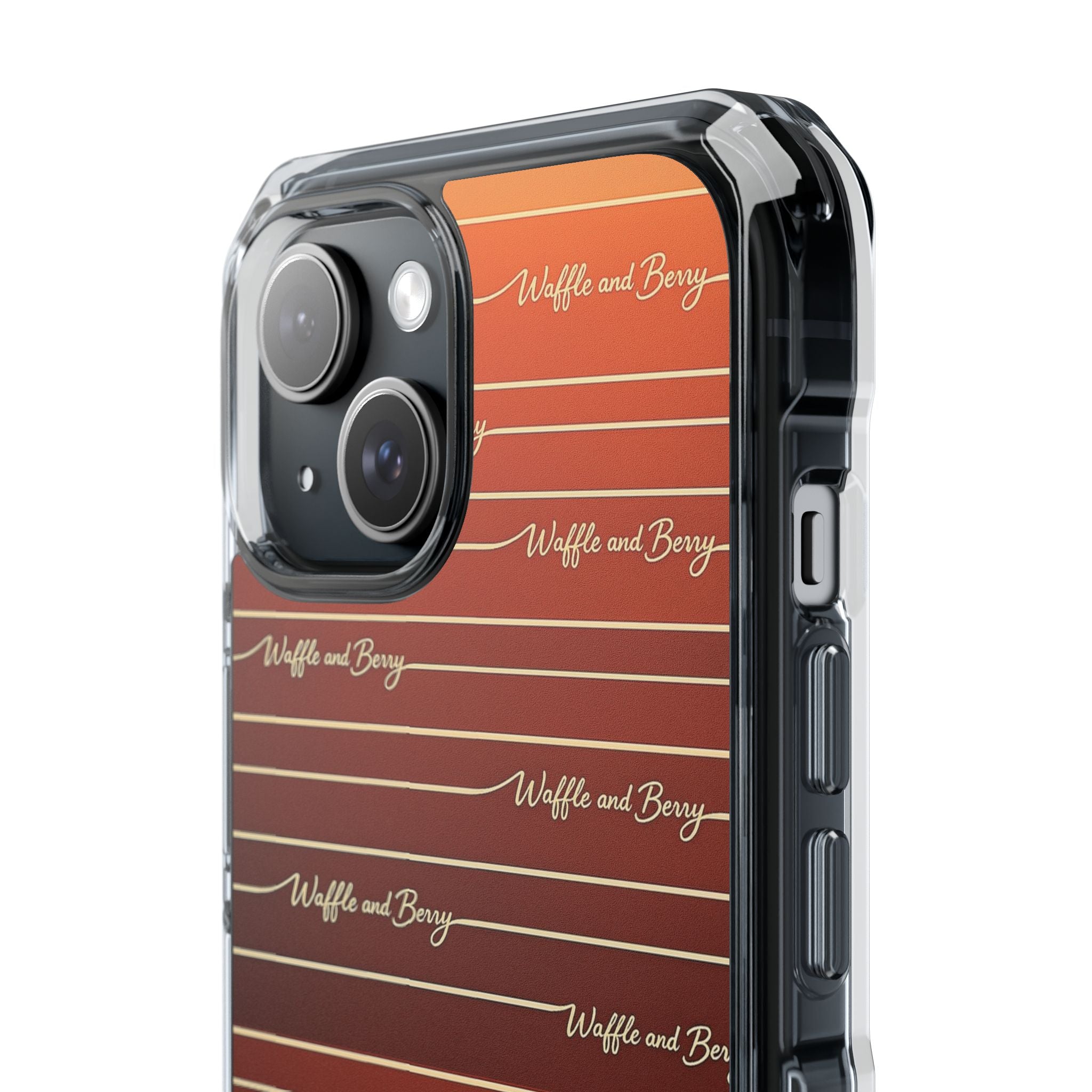 Clear Magnetic Phone Case — Striped Brown Gradient with "Waffles and Brgrs" Script