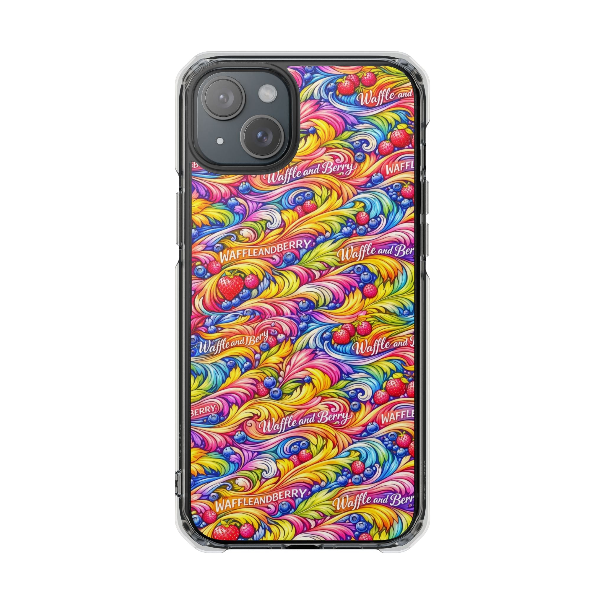 Clear Magnetic Phone Case — Bright Rainbow Swirl Design (Waffle and Berry text)