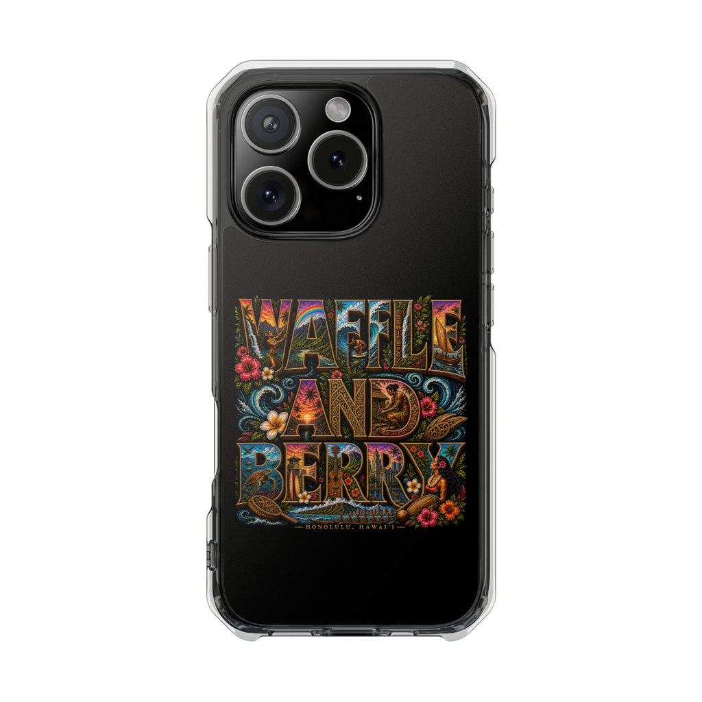 Clear Magnetic Phone Case — Bright Rainbow Swirl Design (Waffle and Berry text)