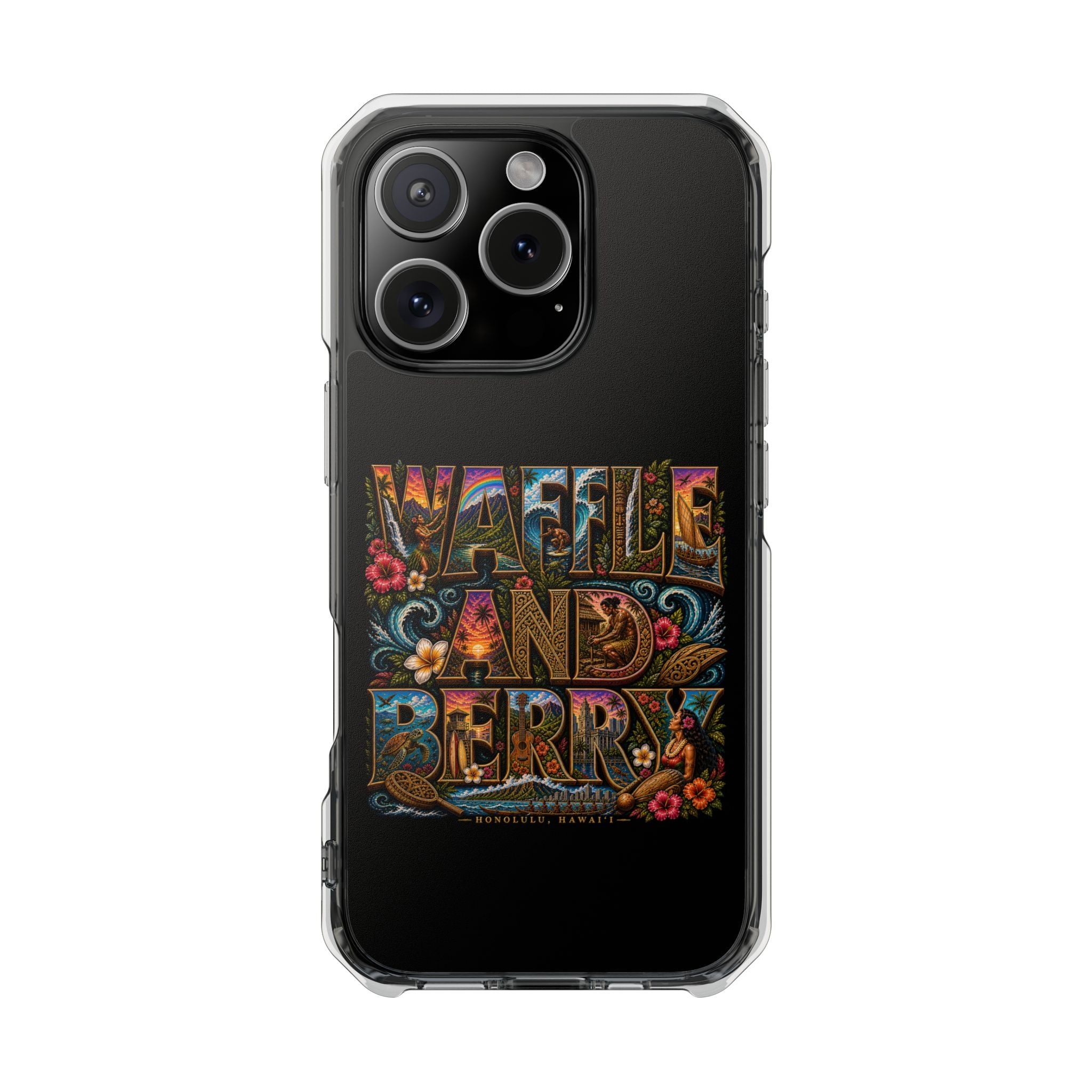 Clear Magnetic Phone Case — Bright Rainbow Swirl Design (Waffle and Berry text)