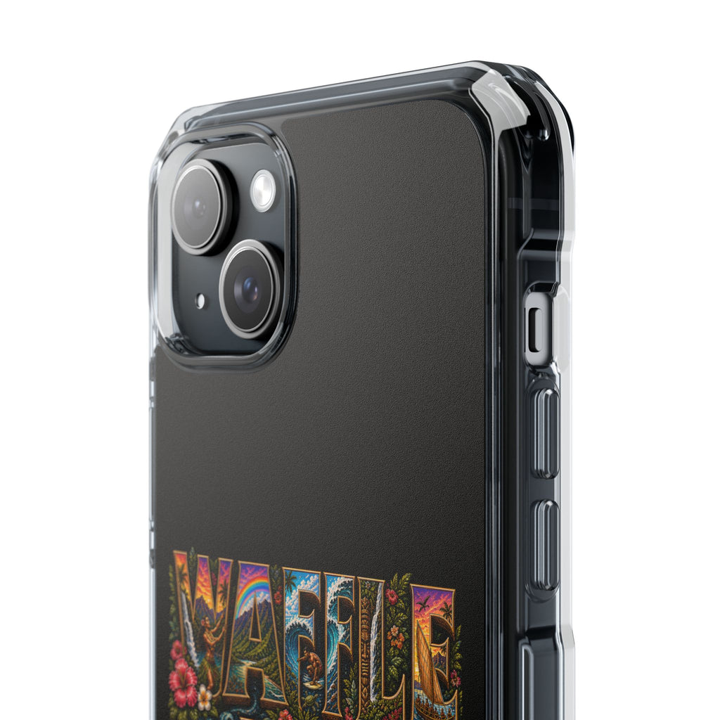 Clear Magnetic Phone Case — Bright Rainbow Swirl Design (Waffle and Berry text)