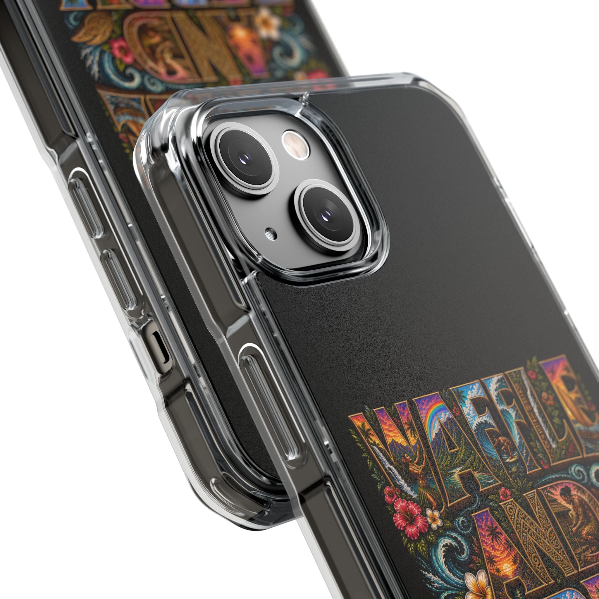 Clear Magnetic Phone Case — Bright Rainbow Swirl Design (Waffle and Berry text)