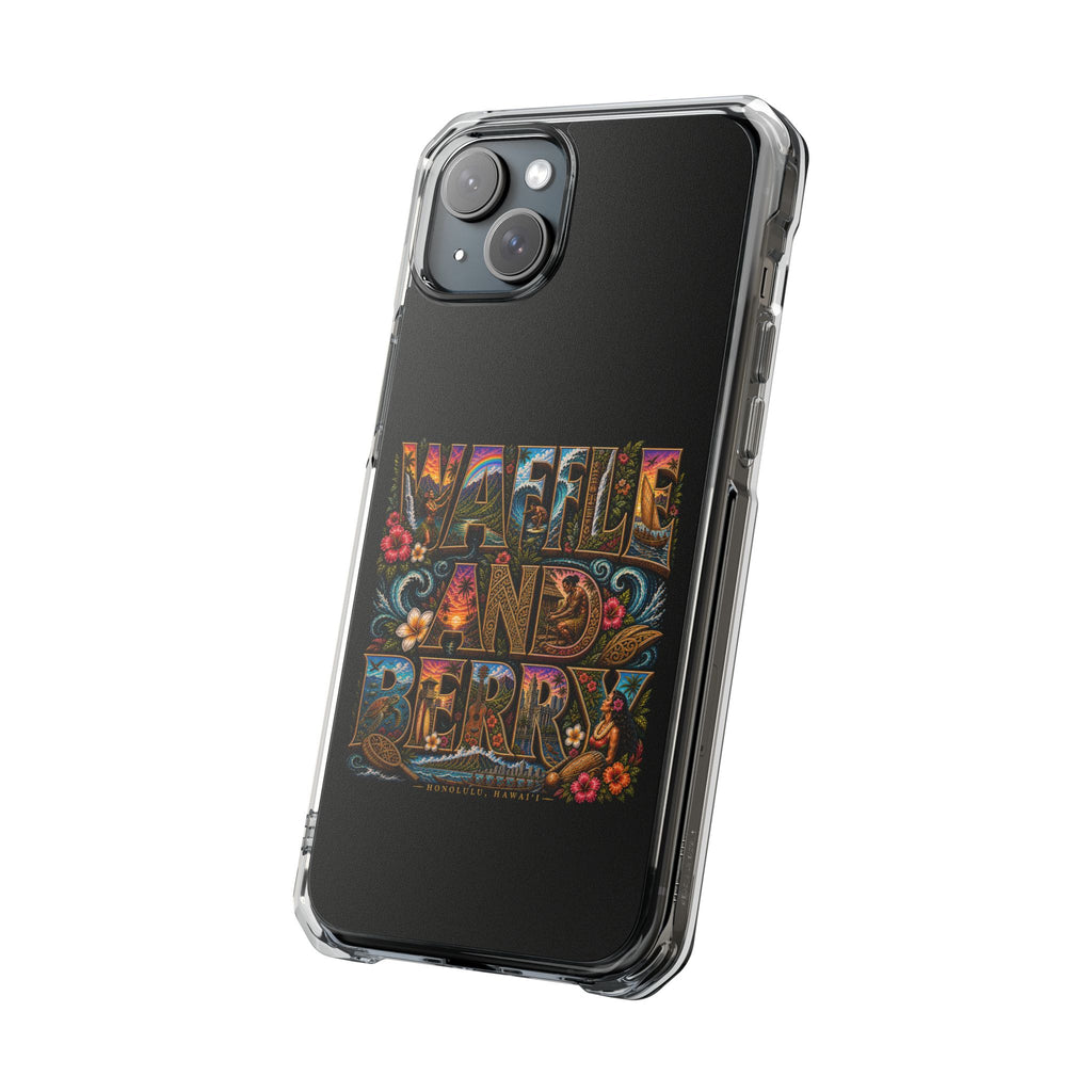 Clear Magnetic Phone Case — Bright Rainbow Swirl Design (Waffle and Berry text)