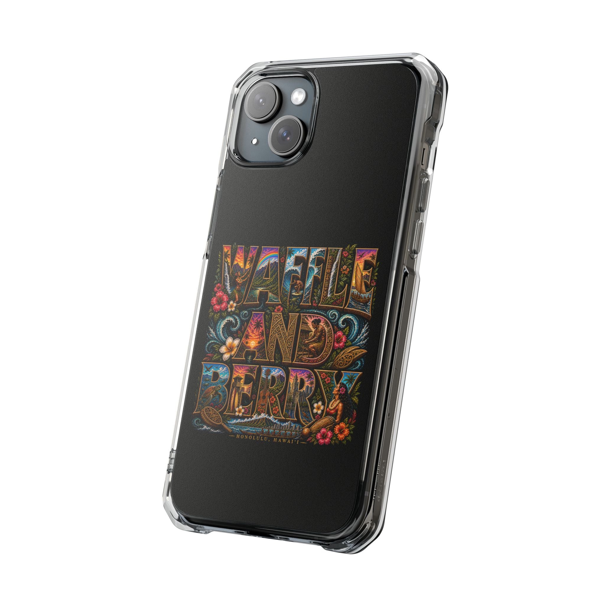 Clear Magnetic Phone Case — Bright Rainbow Swirl Design (Waffle and Berry text)