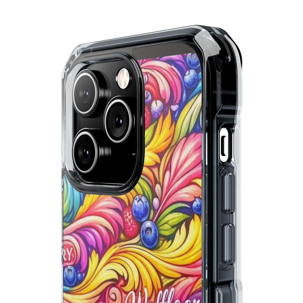 Splash Berry Clear Magnetic Phone Case — Bright Rainbow Swirl Design (Waffle and Berry text)