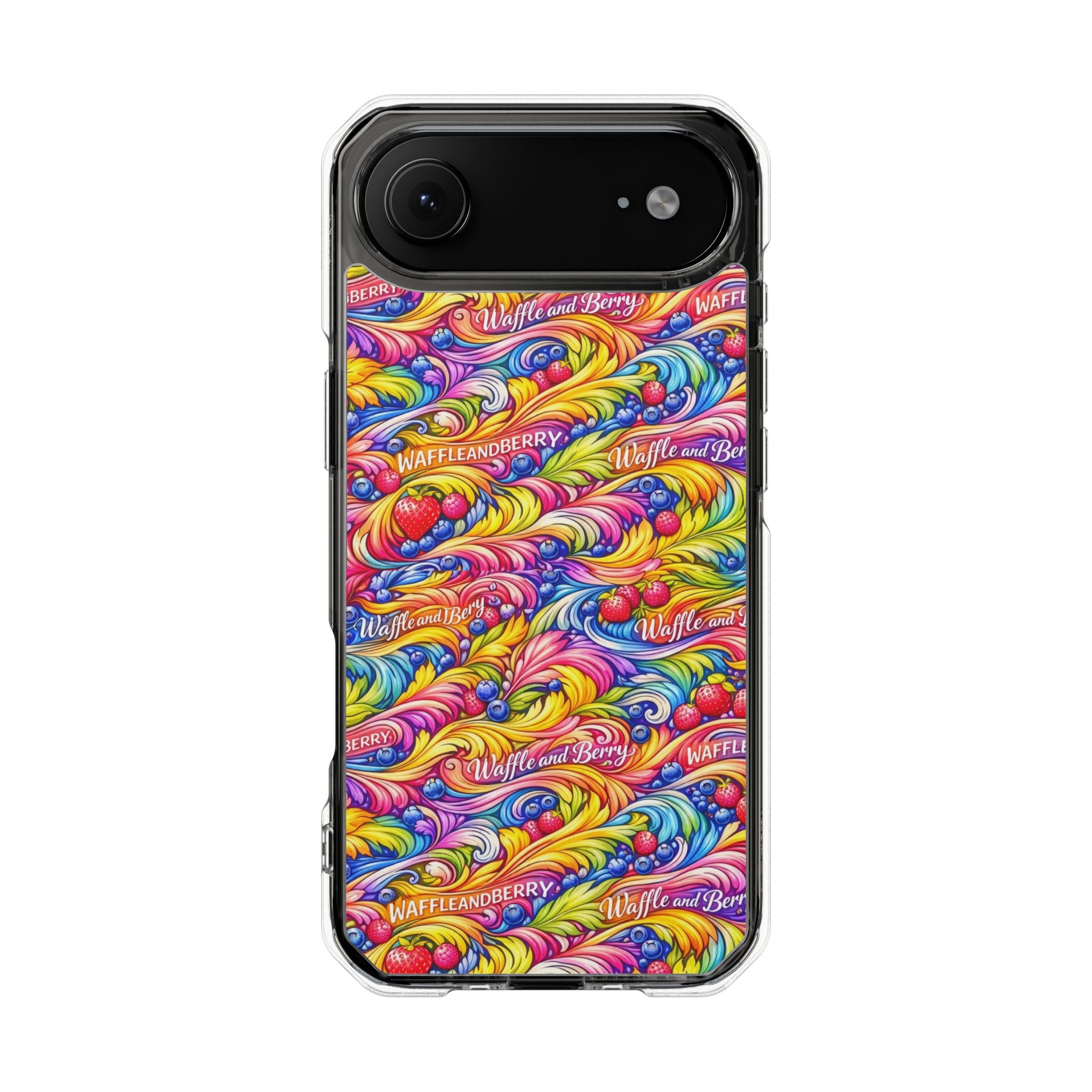 Clear Magnetic Phone Case — Bright Rainbow Swirl Design (Waffle and Berry text)