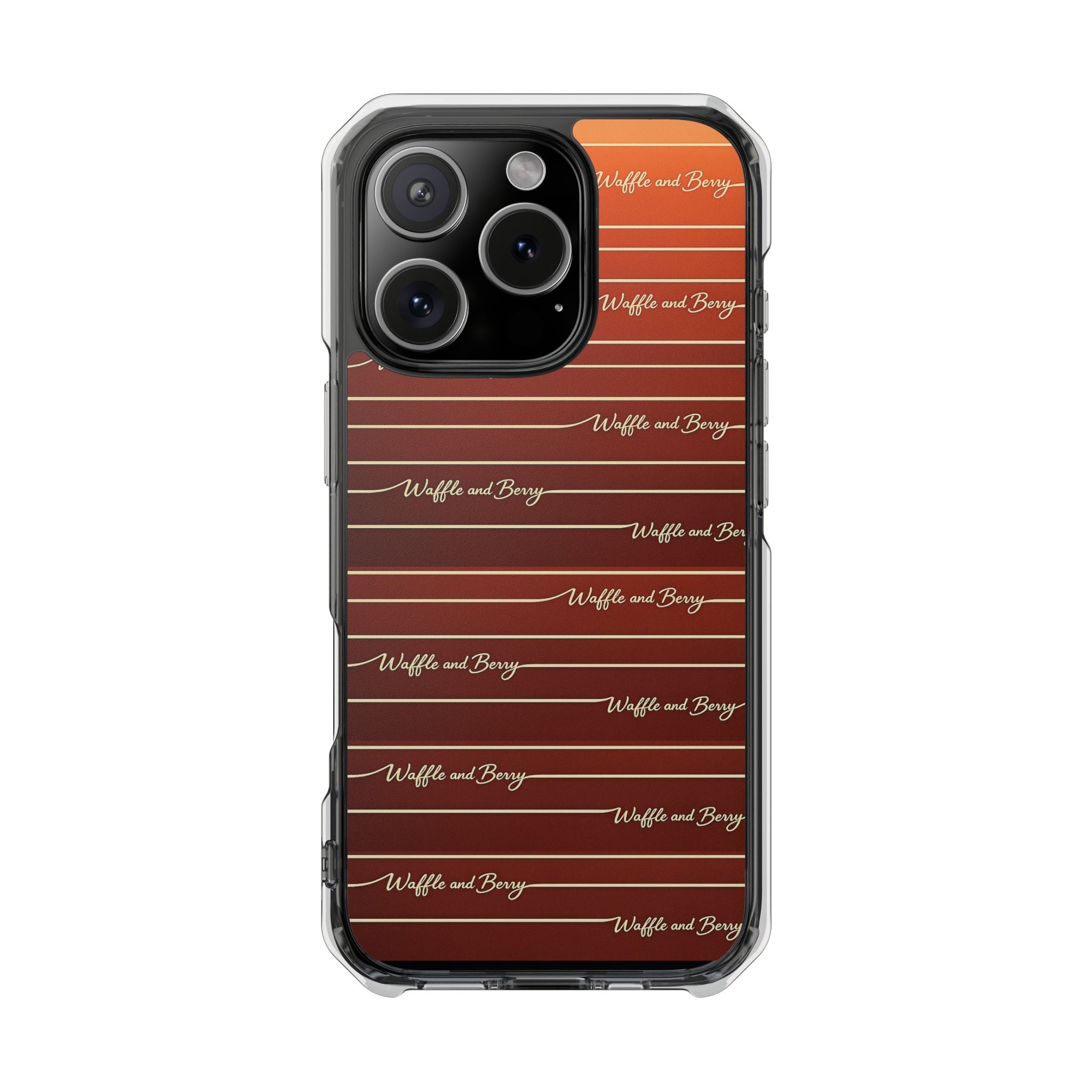 Clear Magnetic Phone Case — Striped Brown Gradient with "Waffles and Brgrs" Script