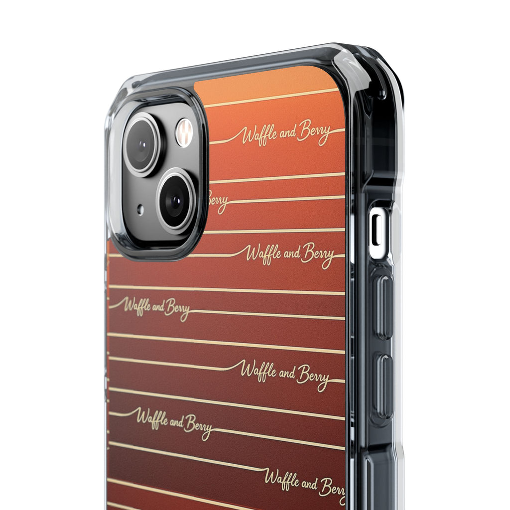 Clear Magnetic Phone Case — Striped Brown Gradient with "Waffles and Brgrs" Script