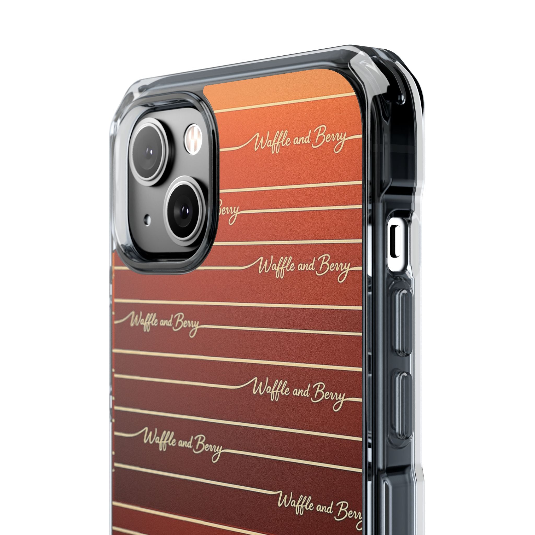 Clear Magnetic Phone Case — Striped Brown Gradient with "Waffles and Brgrs" Script