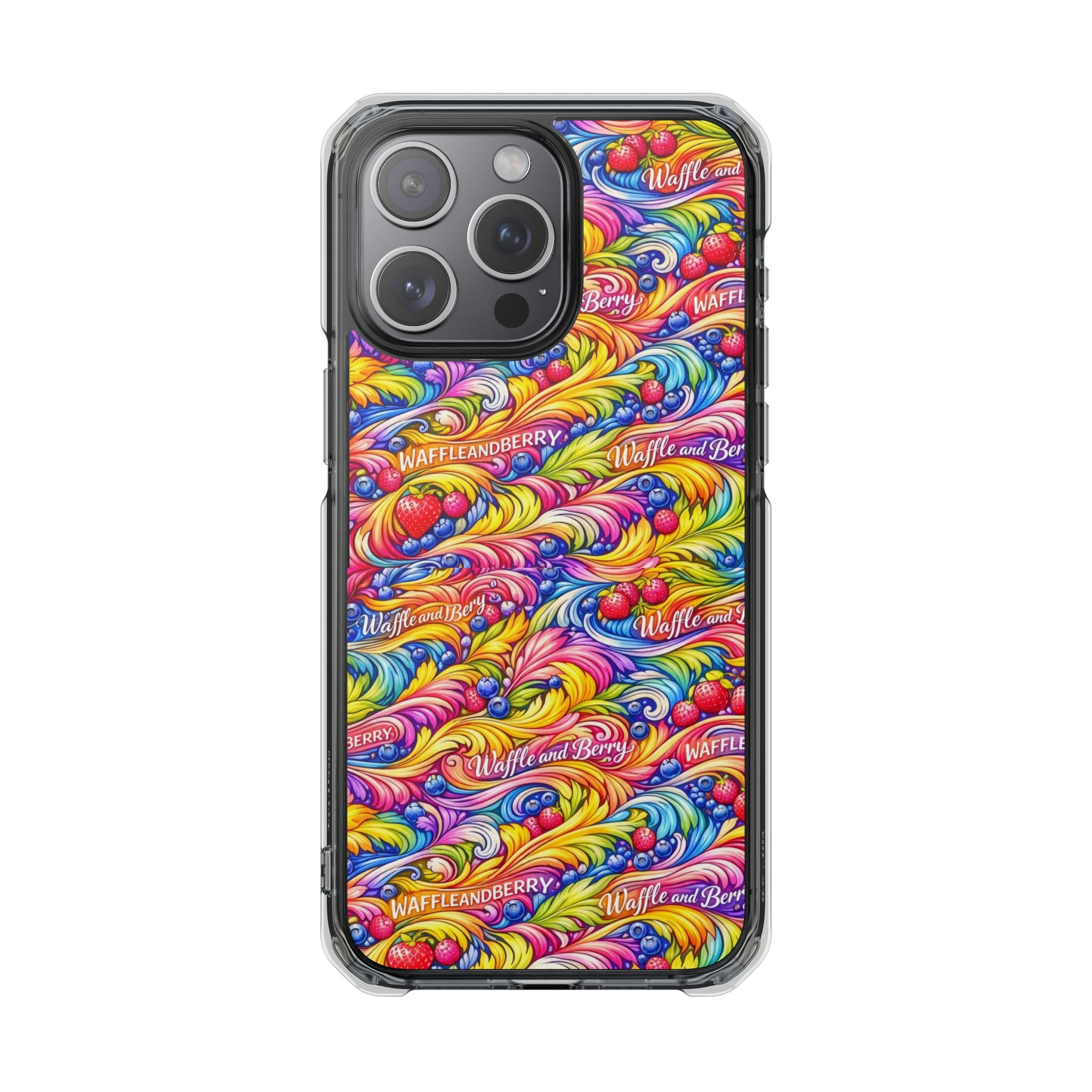 Clear Magnetic Phone Case — Bright Rainbow Swirl Design (Waffle and Berry text)