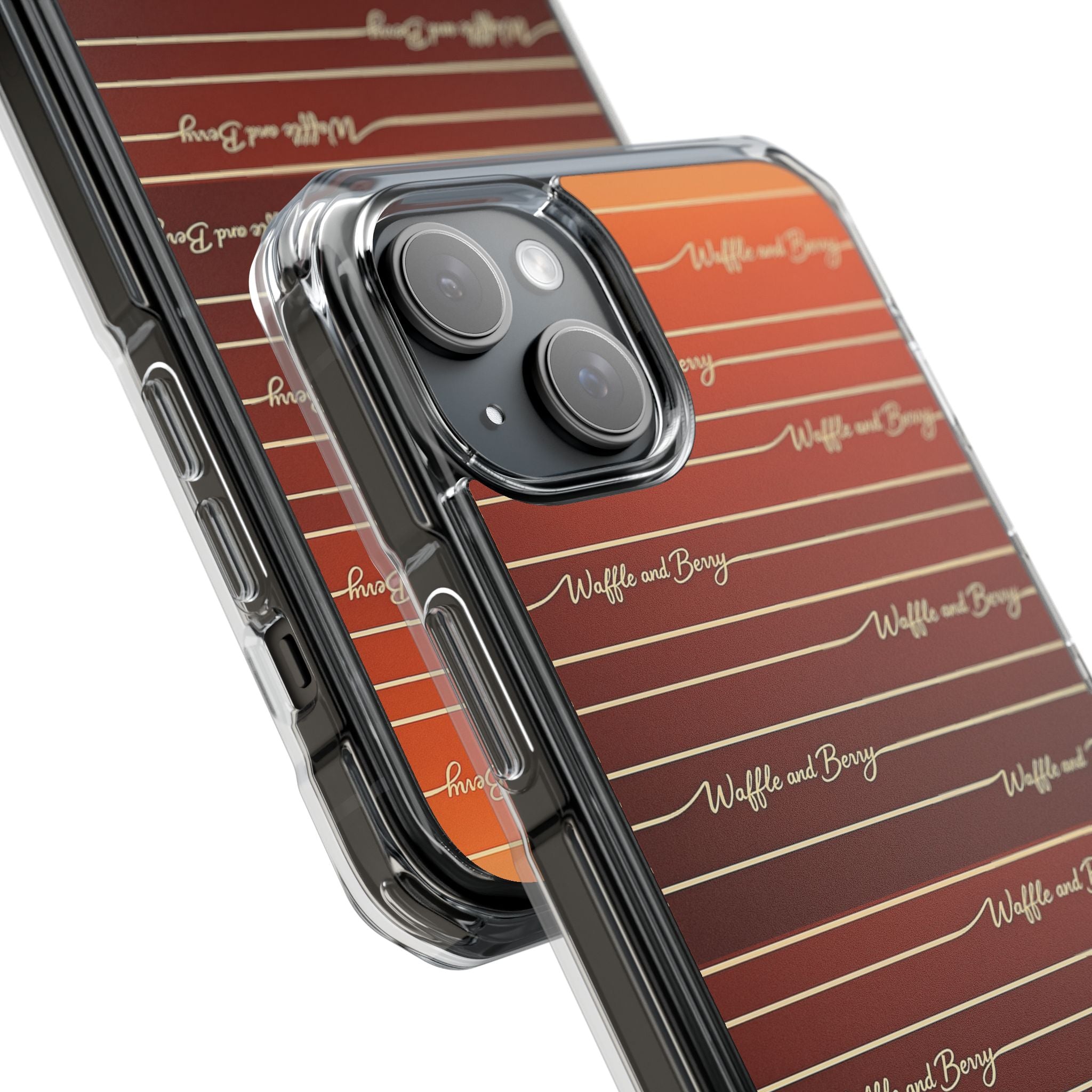 Clear Magnetic Phone Case — Striped Brown Gradient with "Waffles and Brgrs" Script